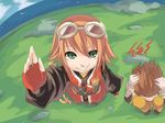  1girl brown_hair fingerless_gloves gloves goggles goggles_on_head green_eyes karol_capel kontore rita_mordio smile tales_of_(series) tales_of_vesperia 