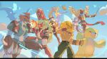  1other 3girls 4boys 765_nanami :d abs agnimon animal_ears aqua_hair arm_warmers armor artist_logo bare_shoulders belt bikini bird black_bodysuit black_thighhighs blindfold blonde_hair blue_butterfly blue_eyes blue_skin blue_sky blue_wings bodysuit boots braid breasts brown_armor brown_helmet bug butterfly butterfly_hair_ornament butterfly_wings claws cleavage closed_mouth cloud collarbone colored_skin combat_knife commentary commission covered_eyes day digimon digimon_(creature) dove dragon dress duftmon elbow_gloves english_commentary facial_mark fairimon feathered_wings fire floating furry furry_male garter_straps gauntlets gloves green_armor green_eyes green_pants grey_gloves group_picture hair_ornament hair_over_one_eye hairband head-mounted_display helmet highres holding holding_knife holding_sword holding_weapon horned_mask horns huge_weapon insect_wings knife leomon lion_boy lion_mane logo long_hair mask medium_breasts mervamon monzaemon multiple_boys multiple_girls multiple_wings muscular muscular_male navel olive_(digimon) open_mouth paildramon pants parted_bangs pectorals purple_arm_warmers purple_belt purple_bikini purple_boots purple_hair purple_hairband red_armor red_eyes red_helmet ribbon scar scar_on_arm sentient_stuffed_toy shoulder_pads shoulder_spikes sidelocks sky smile spikes standing stomach strapless strapless_bikini strapless_dress stuffed_animal stuffed_toy swimsuit sword teddy_bear teeth thigh_armor thigh_boots thighhighs twin_braids twitter_username venusmon very_long_hair watermark weapon white_dress white_wings wing_ears winged_helmet wings yellow_eyes 