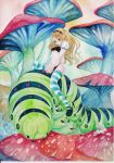  1girl absurdres alice's_adventures_in_wonderland alice_(alice_in_wonderland) black_bra black_panties blonde_hair blue_eyes bra breasts caterpillar highres long_hair mini_person minigirl mushroom painting_(medium) panties riding sato_(osappun) small_breasts striped_clothes striped_thighhighs thighhighs traditional_media underwear watercolor_(medium) 