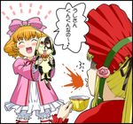  blonde_hair bonnet bow closed_eyes cup dress drill_hair hair_ribbon hina_ichigo ichikawa_masahiro kunkun multiple_girls pink_bow ribbon rozen_maiden shinku smile spit_take spitting stuffed_animal stuffed_dog stuffed_toy tea teacup thighhighs 