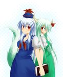  blue_hair book dual_persona ex-keine green_hair hat horns kamishirasawa_keine long_hair makoto_jon multiple_girls red_eyes ribbon touhou 