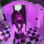  1girl arm_at_side baseball_bat black_hairband black_mask black_sailor_collar black_shoes black_skirt black_thighhighs blep_(vhpl2207) blunt_bangs breasts bright_pupils brown_eyes brown_hair checkered_floor commentary_request ear_piercing fisheye from_above full_body gas_mask hair_ornament hairband heart heart-shaped_pupils highres holding holding_baseball_bat indoors long_sleeves looking_at_viewer loose_socks mask medium_breasts miniskirt nail_(hardware) nail_bat neckerchief original piercing pleated_skirt realistic red_neckerchief sailor_collar school_uniform serafuku shirt shoes sidelocks skirt skull_hair_ornament socks solo stairs standing symbol-shaped_pupils thighhighs tile_wall tiles twintails white_nails white_shirt white_socks yandere 