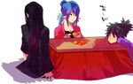  2boys bad_id bad_pixiv_id black_hair food fruit judith kotatsu mandarin_orange multiple_boys pointy_ears raven_(tales) table tales_of_(series) tales_of_vesperia yuri_lowell 