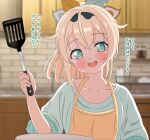  1girl :d absurdres alternate_costume apron aqua_eyes blonde_hair blurry blurry_background blush collarbone commentary_request frying_pan hair_between_eyes hair_ornament hairband head_tilt highres holding hololive indoors kazama_iroha kitchen looking_at_viewer medium_hair open_mouth ponytail shinonome_sakura shirt smile solo spatula teeth upper_body upper_teeth_only virtual_youtuber yellow_apron 