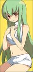  bare_shoulders c.c. code_geass crop_top green_hair kl long_hair midriff navel shorts simple_background solo turtleneck yellow_eyes 