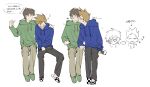  ... 2boys alcohol animification antenna_hair arm_around_shoulder averting_eyes black_pants blue_hoodie blush bottle brown_hair brown_pants chinese_text closed_eyes commentary drawstring drunk edd_(eddsworld) eddsworld green_hoodie green_slippers hair_behind_ear hand_on_another's_knee highres holding holding_bottle hood hood_down hoodie invisible_chair kiss kissing_cheek kiyoshi_st long_sleeves male_focus multiple_boys pants procreate_(medium) sequential short_hair simple_background sitting sleeping slippers speech_bubble spiked_hair spoken_ellipsis surprise_kiss surprised swept_bangs tom_(eddsworld) translation_request untranslatable_commentary vodka white_background yaoi zzz 