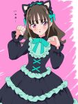  1girl animal_ears black_dress blush brown_hair cat_ears commentary_request dress fake_animal_ears frilled_dress frills gothic_lolita hair_down hairband highres lolita_fashion long_hair long_sleeves looking_at_viewer nekoyashiki_mayu paw_pose pink_background precure shinonome_sakura solo wonderful_precure! 