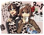  2girls animal_print bad_id bad_pixiv_id brown_hair chinese_zodiac copyright_request cow_print glasses horns itsutsu milk multiple_girls new_year short_hair year_of_the_ox 