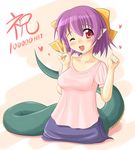  ;d copyright_request heart hits lamia monster_girl nekomanma_(byougatei) one_eye_closed open_mouth pointy_ears purple_hair red_eyes scales short_hair smile solo v 