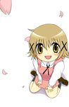  brown_eyes brown_hair hair_ornament hidamari_sketch highres kanjuku petals school_uniform short_hair solo transparent_background x_hair_ornament yuno 