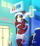  1girl breath brown_eyes brown_hair christmas cold highres humiliation original santa_costume sign skirt skirt_lift surprised tears thighhighs translation_request wadapen 