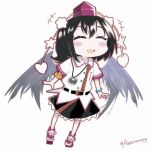  +++ 1girl ^_^ armband artist_name belt black_hair black_skirt black_wings chibi chibi_only closed_eyes commentary_request feathered_wings frilled_skirt frills full_body hat highres katasumi open_mouth orange_armband pom_pom_(clothes) red_hat shameimaru_aya shirt short_hair skirt smile solo tengu tokin_hat touhou translation_request white_shirt wings 