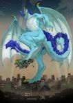  absurd_res blue_body city_destruction destruction dragon feet foot_fetish hi_res macro male mihuankarya mythological_creature mythological_scalie mythology scalie solo 