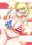  american_flag_bikini bikini blonde_hair blue_eyes breasts cleavage flag_print freckles glasses huge_breasts kaneda_(aqid) long_hair looking_at_viewer navel one_eye_closed original solo swimsuit thigh_gap twintails 