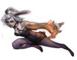  alternate_costume animal_ears bare_shoulders battle_bunny_riven breasts bunny_ears bunny_tail bunnysuit detached_collar high_heels jumping league_of_legends lips lipstick makeup medium_breasts necktie nose pantyhose riven_(league_of_legends) seonga short_hair silver_hair solo sword tail weapon 