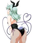  alternate_costume animal_ears ass back back-seamed_legwear bad_id bad_pixiv_id bare_shoulders blush bunny_ears bunny_girl bunny_tail bunnysuit fishnet_pantyhose fishnets from_behind green_eyes green_hair komeiji_koishi looking_at_viewer looking_back ootsuki_wataru pantyhose seamed_legwear simple_background solo tail touhou white_background wrist_cuffs 