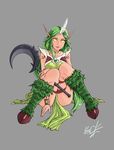  alternate_color alternate_costume breasts choker crescent dryad_soraka green_eyes green_hair green_sclera grey_background highres hooves horn knees_together_feet_apart league_of_legends lips long_hair medium_breasts pink_skin pointy_ears signature sitting sleeveless smile solo soraka ssalsin tattoo wand 