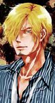  1boy blonde_hair collared_shirt facial_hair goatee hair_over_one_eye looking_at_viewer male male_focus necktie one_piece open_collar sanji shirt solo striped striped_shirt untied 