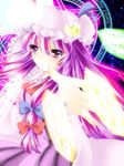  bow close-up crescent crystal double_bun dress face frown hair_bow hat hat_ribbon hebrew highres hime_cut long_hair looking_at_viewer magic_circle mob_cap open_hand outstretched_hand patchouli_knowledge purple_eyes purple_hair ribbon robe seiya_(snxmari) sky solo star_(sky) starry_sky striped striped_dress touhou very_long_hair 