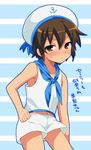  ascot bad_id bad_pixiv_id blush brown_eyes brown_hair futaba_841 handa_shin'ichi hat inazuma_eleven inazuma_eleven_(series) male_focus navel open_mouth sailor sailor_hat shorts sweat tank_top 