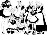  alternate_costume animal_ears bullying cat_ears crossdressing diavolo dio_brando enmaided enrico_pucci freckles funny_valentine greyscale ichimoku_(tansio5) jojo_no_kimyou_na_bouken kars_(jojo) kira_yoshikage maid maid_headdress monochrome multiple_boys pantyhose sketch steel_ball_run thighhighs vinegar_doppio 