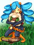  ^_^ ace_trainer_(pokemon) aqua_hair black_legwear blush closed_eyes drill_hair gen_5_pokemon hair_ornament hogi hug pantyhose poke_ball pokemon pokemon_(creature) pokemon_(game) pokemon_bw scrunchie skirt stepped_on stunfisk twin_drills twintails whimsicott 