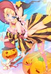  blonde_hair blue_eyes breasts broom broom_riding cleavage detached_sleeves dress halloween hat highres jack-o'-lantern large_breasts lucknight original pumpkin short_hair solo star striped thighhighs vertical_stripes wand witch_hat zettai_ryouiki 