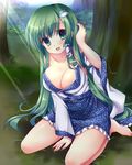 adjusting_hair bare_shoulders breasts cleavage collarbone forest frog_hair_ornament green_eyes green_hair hair_ornament hayuki_hayu kneeling kochiya_sanae large_breasts light_rays long_hair nature open_mouth snake_hair_ornament solo sunbeam sunlight touhou tree very_long_hair 