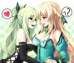  :d ? blonde_hair blue_eyes breasts brown_eyes cleavage eye_contact gayprince green_hair hair_ornament hakozaki_chika half_updo heart highres large_breasts long_hair looking_at_another multiple_girls neptune_(series) open_mouth smile speech_bubble spoken_heart vert yuri 