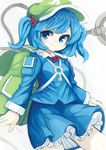  backpack bad_id bad_pixiv_id bag blue_eyes blue_hair blush gatakigi_gama hair_bobbles hair_ornament hat kawashiro_nitori key long_sleeves mechanical_arms short_hair simple_background skirt skirt_set smile solo touhou two_side_up 