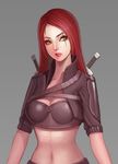  bad_id bad_pixiv_id bandeau breasts cropped_jacket freeinni green_eyes highres katarina_du_couteau league_of_legends lips lipstick long_hair makeup medium_breasts midriff navel parted_lips red_hair scar short_sleeves solo strap 