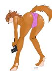  barsikrus bent_over big_butt black_nose blue_eyes briefs brown_fur brown_hair bulge butt canine dog fur girly hair invalid_color male mammal plain_background red_savarin scar solatorobo solo surprise topless underwear video_games white_background wide_hips 