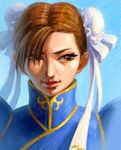  brown_hair bun_cover china_dress chinese_clothes chun-li double_bun dress hair_over_one_eye lips pii_(taromura) portrait street_fighter 