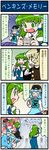  &gt;_&lt; 4koma artist_self-insert bird blue_hair breasts brown_dress brown_hair closed_eyes comic dress frog_hair_ornament green_eyes green_hair hair_ornament hat highres hug juliet_sleeves kochiya_sanae kurodani_yamame large_breasts long_sleeves mizuki_hitoshi multiple_girls open_mouth penguin penguin_hat puffy_sleeves real_life_insert shirt skirt smile snake_hair_ornament tatara_kogasa tears thought_bubble touhou translated 