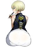  amano_don ass bad_id bad_pixiv_id bangs bare_shoulders blonde_hair blush bob_cut fran_francois_francesca_de_bourgogne from_behind god_eater god_eater_2:_rage_burst green_eyes hair_between_eyes highres holding huge_ass leaning_forward light_smile looking_at_viewer looking_back naughty_face pantylines parted_lips pen profile short_hair simple_background sitting sketch sleeveless solo white_background 