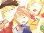  2boys :d ^_^ ato_touji blonde_hair brown_hair closed_eyes grin hair_ribbon headband hokuto_(tokyo_ravens) japanese_clothes jewelry kimono multiple_boys necklace open_mouth ribbon short_hair smile tokyo_ravens tsuchimikado_harutora 