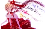  alternate_costume bad_id bad_pixiv_id blonde_hair blush breasts crying disintegration dress earrings elbow_gloves flandre_scarlet gloves glowing hair_ribbon highres jewelry light_smile looking_at_viewer necklace older puffy_short_sleeves puffy_sleeves red_dress red_eyes ribbon shards short_hair short_sleeves side_ponytail simple_background skirt_hold slit_pupils small_breasts solo storia0628 streaming_tears tears touhou white_background wings 