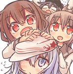  akatsuki_(kantai_collection) black_hair blue_eyes blue_hair blush brown_hair fang folded_ponytail hair_ornament hairclip hands_on_another's_head hat hibiki_(kantai_collection) hikawa_shou ikazuchi_(kantai_collection) inazuma_(kantai_collection) kantai_collection long_sleeves looking_at_viewer multiple_girls one_eye_closed open_mouth red_eyes sketch sweat verniy_(kantai_collection) 