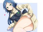 apron blue_background blue_hair breasts deego_(omochi_bazooka) green_eyes gundam gundam_build_fighters haro_button_badge iori_rinko large_breasts long_hair lying mature on_side ribbed_sweater simple_background solo sweater thighs turtleneck very_long_hair 