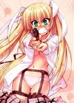  aiming_at_viewer angry blonde_hair blush breasts clenched_teeth cowboy_shot emphasis_lines fang garter_belt green_eyes gun hair_between_eyes handgun holding image_sample jpeg_artifacts little_busters! long_hair looking_at_viewer medium_breasts navel no_bra open_clothes open_shirt panties pink_panties pistol plaid plaid_skirt ringed_eyes scowl shirt skirt skirt_pull solo teeth thigh_strap tokido_saya twintails twitter_sample underwear very_long_hair weapon white_shirt zen 