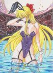  adjusting_hair aino_minako animal_ears bishoujo_senshi_sailor_moon blonde_hair breasts bunny_ears bunny_girl bunnysuit collar detached_collar highres long_hair looking_away rascal_(n119) sailor_venus solo water wet wrist_cuffs 