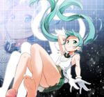  anklet barefoot feet floating_hair gloves green_eyes green_hair hatsune_miku jewelry konoe_(fogtracks) long_hair looking_at_viewer necklace skirt smile soles solo toes twintails vocaloid zoom_layer 