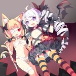  :d animal_ears bandage_over_one_eye bandages black_panties blonde_hair blush bow breasts cape cat_ears cat_tail chestnut_mouth claw_pose detached_sleeves detached_wings fang flat_chest garter_straps hair_bow halloween highres horns jack-o'-lantern long_hair looking_at_viewer mofetousu_furuna multiple_girls multiple_tails nail_polish naked_bandage navel open_mouth original panties pantyshot pointy_ears puffy_detached_sleeves puffy_sleeves purple_eyes purple_hair red_eyes ribbon saru skirt slit_pupils smile striped striped_legwear tail tail_ribbon thighhighs twintails underwear upskirt v-shaped_eyebrows vivi_(saru) wings 