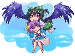  bird_wings black_hair blue_sky bow carrying flying hair_bow heart komeiji_satori long_hair long_sleeves multiple_girls puffy_sleeves purple_eyes purple_hair red_eyes reiuji_utsuho shinapuu shirt short_sleeves skirt sky smile third_eye touhou very_long_hair wide_sleeves wings 