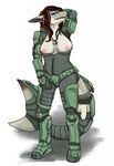  anthro arm_behind_head armor big_breasts blue_eyes breasts brown_hair clothing cosplay dog_tags female fish hair halo_(series) long_hair looking_at_viewer marine master_chief nipples plain_background pose red_hair shark solo sopikachu thresher_shark tonilyn topless video_games white_background 