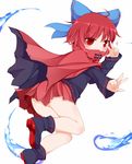  bow cape hair_bow hitodama looking_back md5_mismatch nikku_(ra) red_eyes red_hair sekibanki solo thighs touhou v_over_eye 
