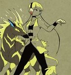  blonde_hair blue_eyes breasts cleavage gen_5_pokemon gym_leader headphones kamitsure_(pokemon) pantyhose pokemon pokemon_(creature) pokemon_(game) pokemon_bw short_hair small_breasts striped yuza zebstrika 