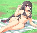  1girl bikini black_bikini black_hair black_swimsuit braid breasts curvy female grass hair long_hair lying medium_breasts navel on_side original outdoors purple_eyes sakaura sakaura_(layer255) smile solo swimsuit v very_long_hair what 