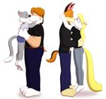  animaniacs anthro blonde_hair buttons buttons_(animaniacs) canine cat clothed clothing couple eyes_closed feline female guimontag hair interspecies jeans kissing long_hair male minerva_mink mink mustelid plain_background rita_(animaniacs) runt shirt size_difference straight warner_brothers white_background 