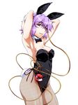  alternate_costume animal_ears armpits arms_up bad_id bad_pixiv_id bare_shoulders blush breasts bunny_ears bunny_girl bunny_tail bunnysuit cleavage detached_collar eyeball fishnet_pantyhose fishnets komeiji_satori looking_at_viewer medium_breasts ootsuki_wataru pantyhose purple_eyes purple_hair simple_background smile solo tail third_eye touhou white_background wrist_cuffs 